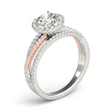 white gold and rose gold multi row halo diamond engagement ring