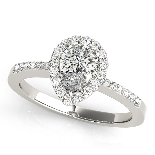 Platinum Pear Shaped Diamond Halo Engagement Ring with Tapered Diamond Band  - Dianna Rae Jewelry