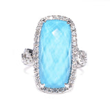 14kt white gold turquoise and diamond ring, diamond halo, twisted shank