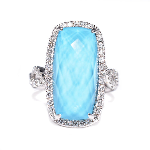 14kt white gold turquoise and diamond ring, diamond halo, twisted shank